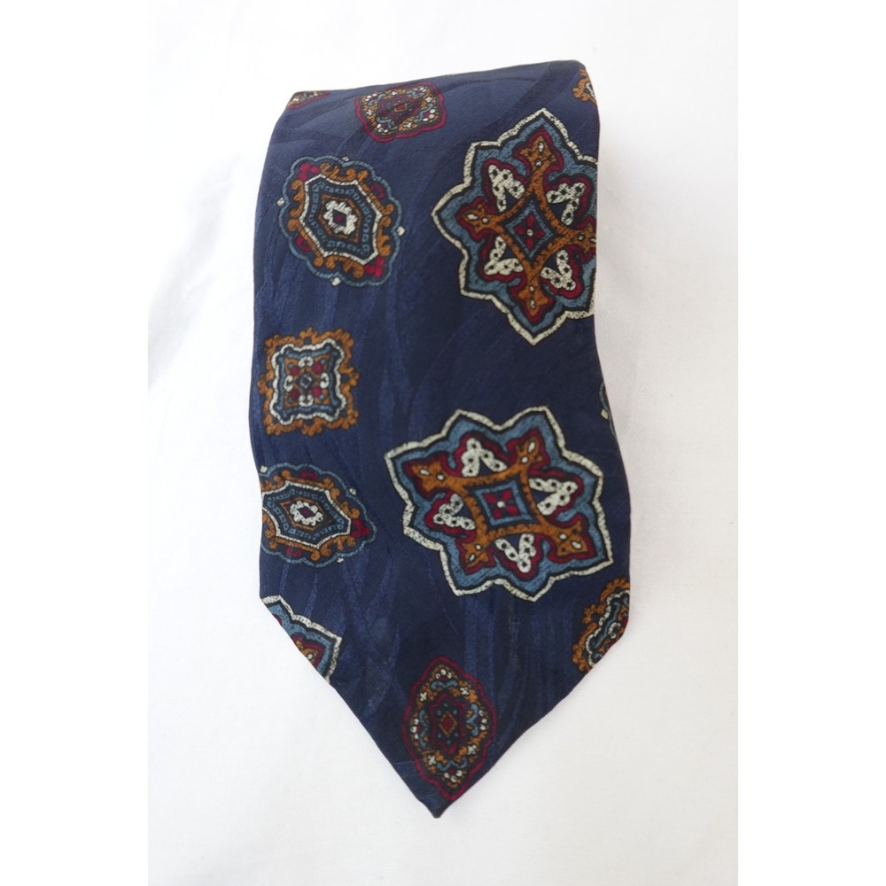 Vintage Rooster‎ Tie Navy Medallion Print Necktie Retro 90s Preppy Classic USA